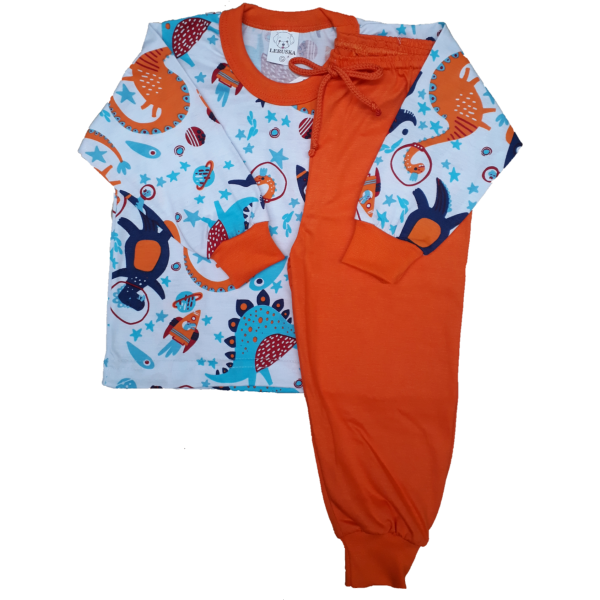 0275 Pijama Dinossauro Azul com Calça Laranja G